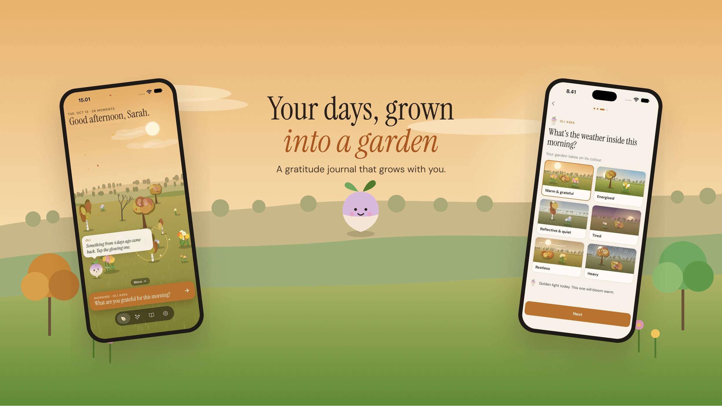 Echoes: a golden-hour garden with Oli the turnip and two iPhone screens of the app, under the line Your days, grown into a garden