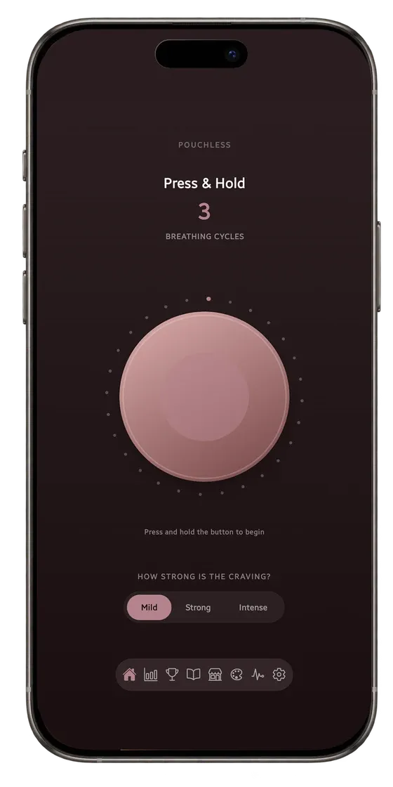 Pouchless home screen on an iPhone, showing the Press and Hold breathing button and craving strength selector