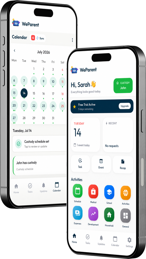 WeParent app screens: the shared custody calendar and the home screen
